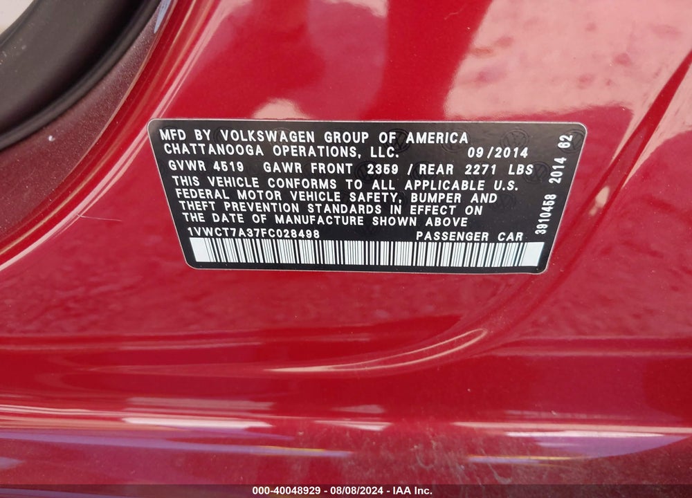 2015 VOLKSWAGEN PASSAT 1.8T SEL PREMIUM VIN: 1VWCT7A37FC028498