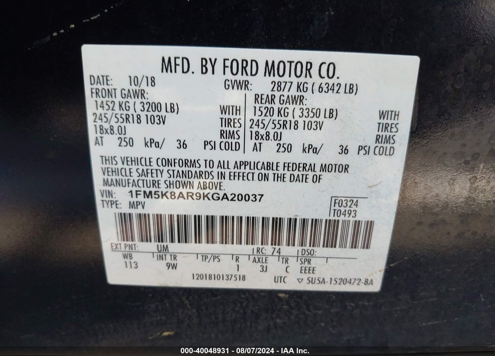2019 FORD POLICE INTERCEPTOR UTILITY VIN: 1FM5K8AR9KGA20037