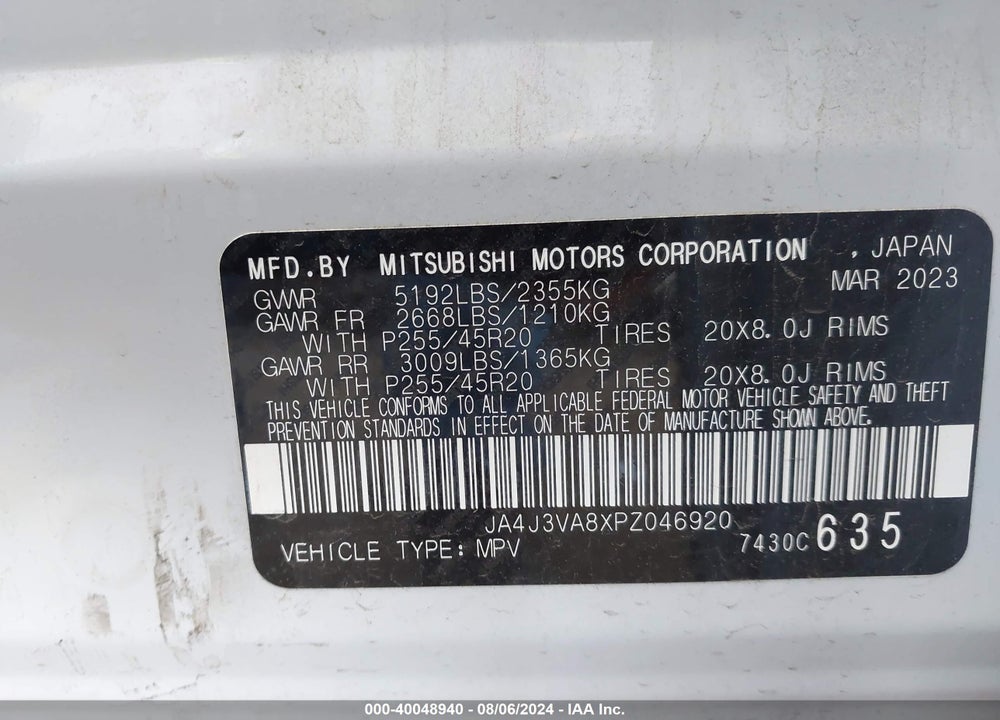 2023 MITSUBISHI OUTLANDER SEL 2.5 2WD VIN: JA4J3VA8XPZ046920