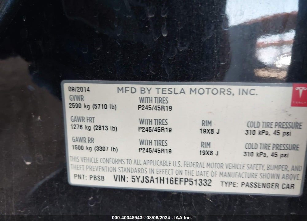 2014 TESLA MODEL S P85 VIN: 5YJSA1H16EFP51332
