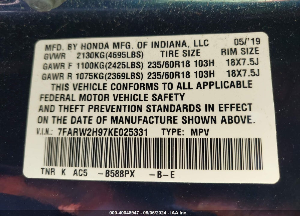 2019 HONDA CR-V TOURING VIN: 7FARW2H97KE025331