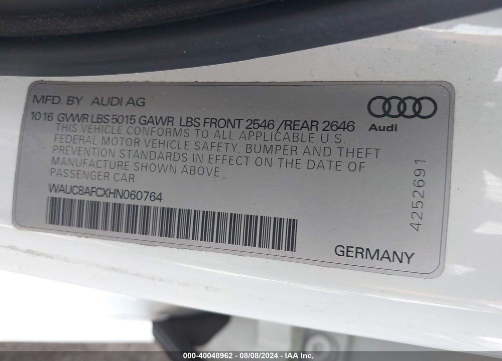 2017 AUDI A6 2.0T PREMIUM VIN: WAUC8AFCXHN060764
