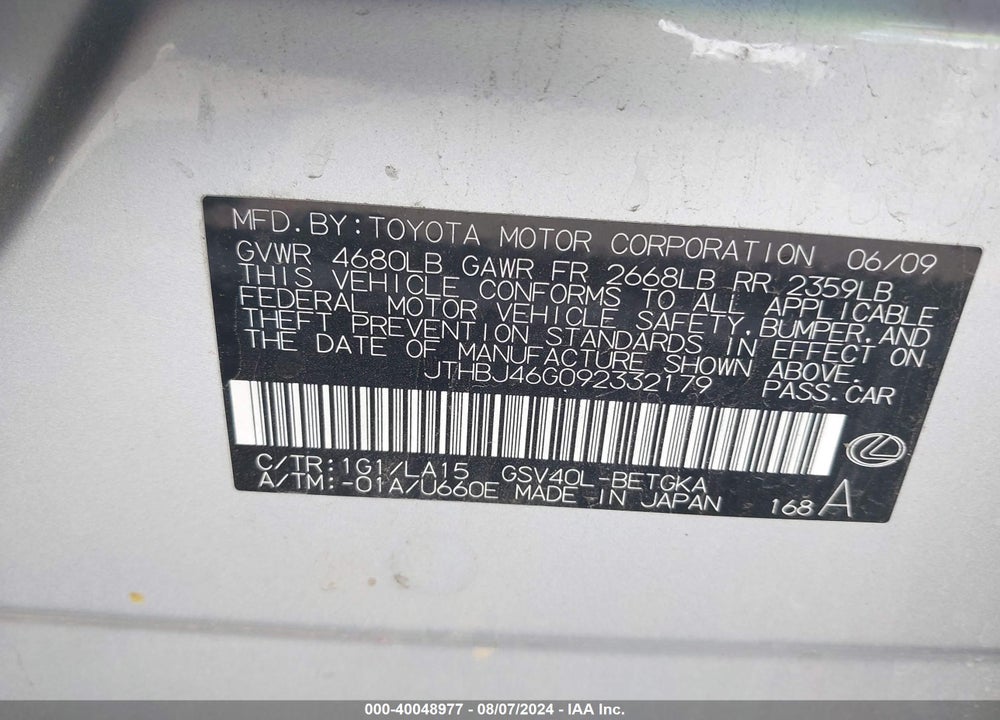 2009 LEXUS ES 350 VIN: JTHBJ46G092332179