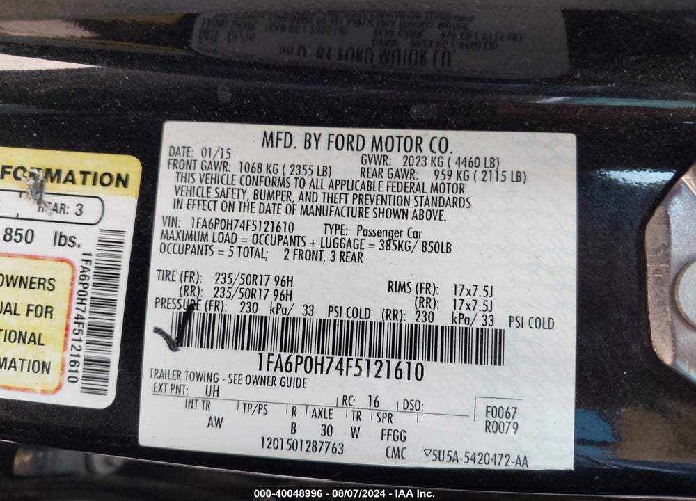 2015 FORD FUSION SE VIN: 1FA6P0H74F5121610