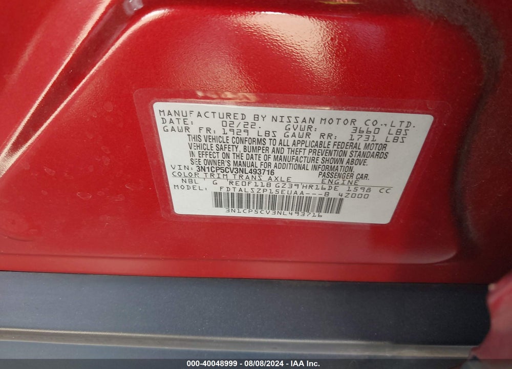 2022 NISSAN KICKS SV XTRONIC CVT VIN: 3N1CP5CV3NL493716