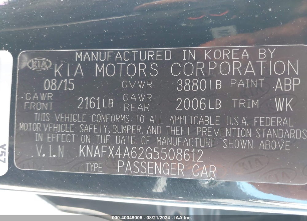 2016 KIA FORTE LX VIN: KNAFX4A62G5508612