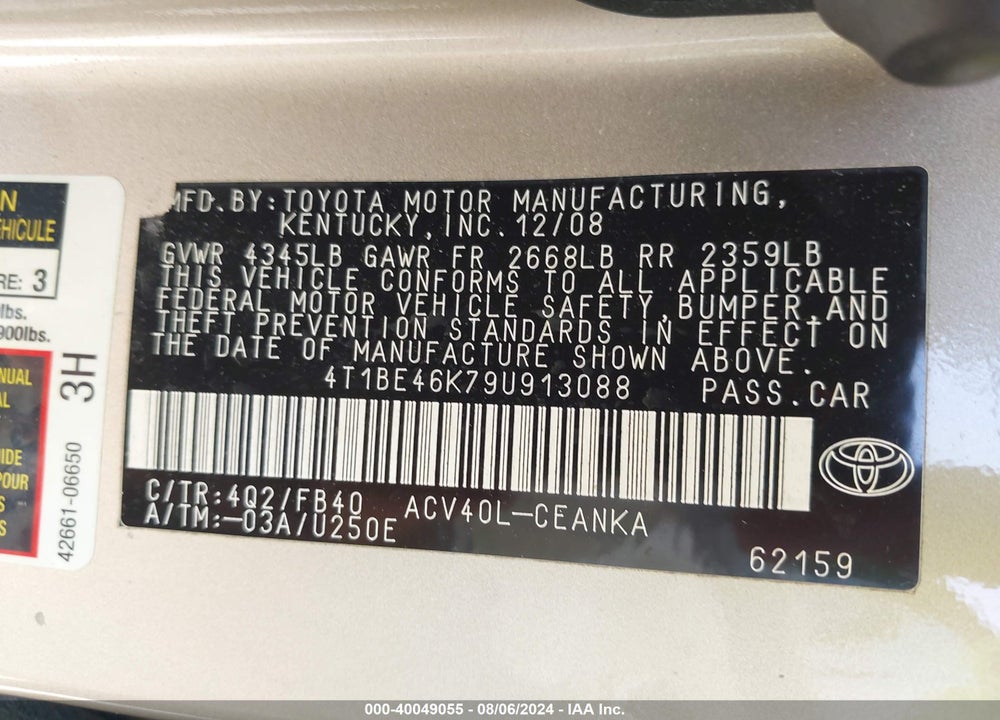 2009 TOYOTA CAMRY LE VIN: 4T1BE46K79U913088