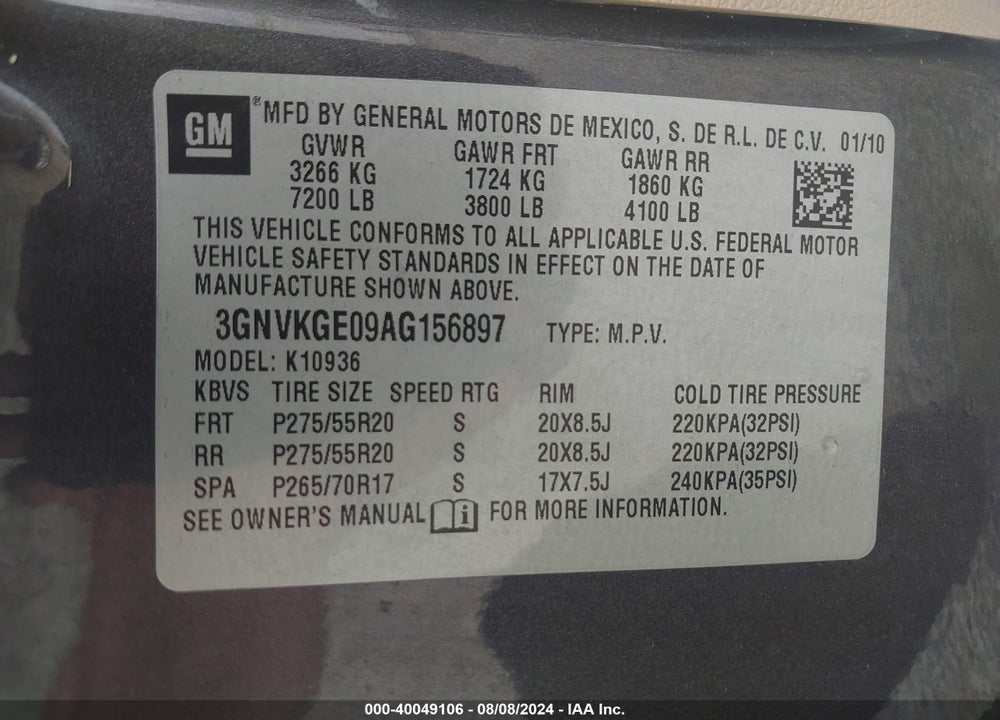 2010 CHEVROLET AVALANCHE 1500 LTZ VIN: 3GNVKGE09AG156897