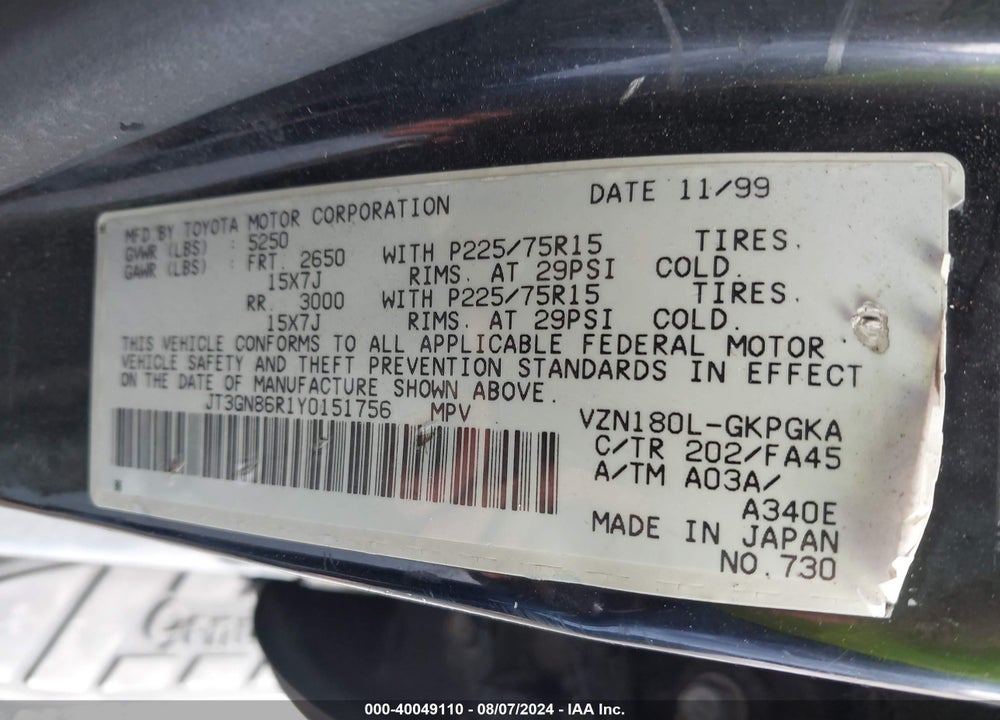 2000 TOYOTA 4RUNNER SR5 V6 VIN: JT3GN86R1Y0151756