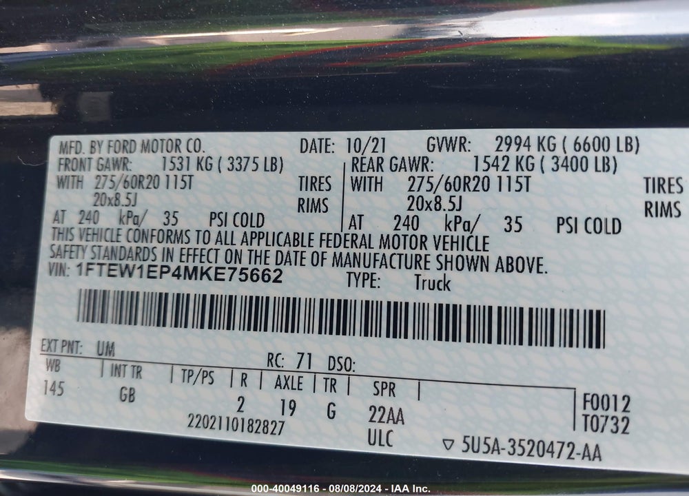 2021 FORD F-150 XL VIN: 1FTEW1EP4MKE75662