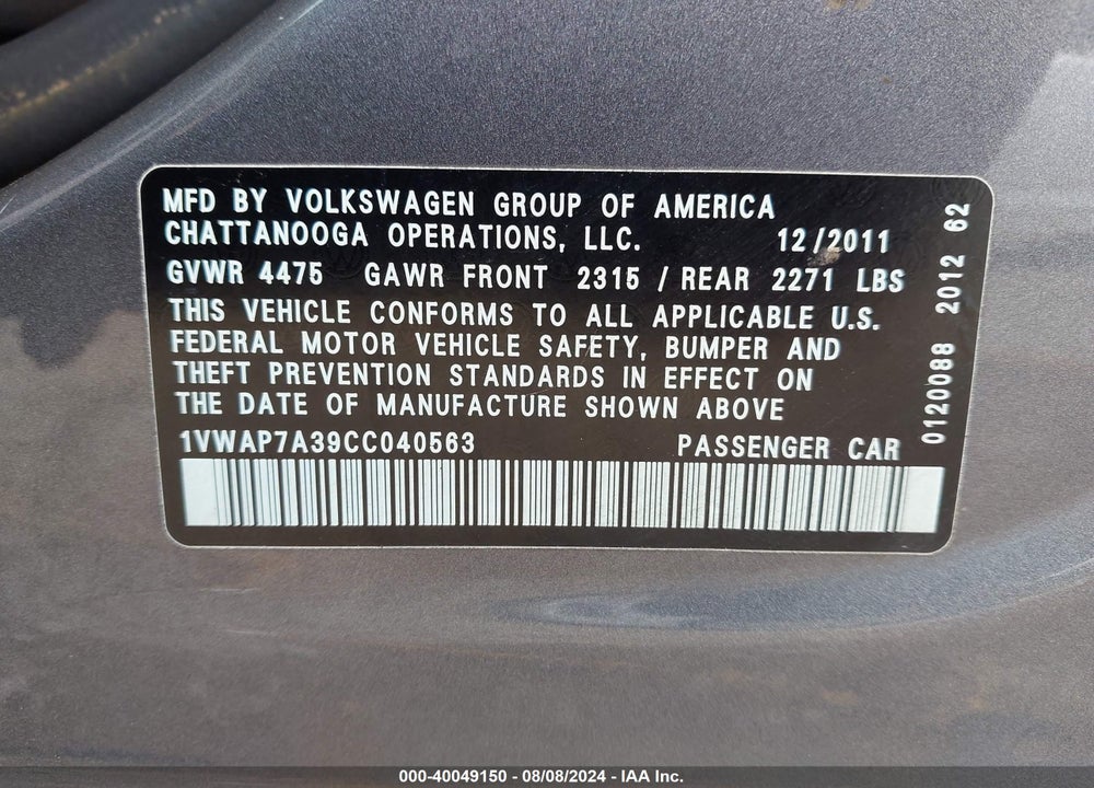 2012 VOLKSWAGEN PASSAT VIN: 1VWAP7A39CC040563