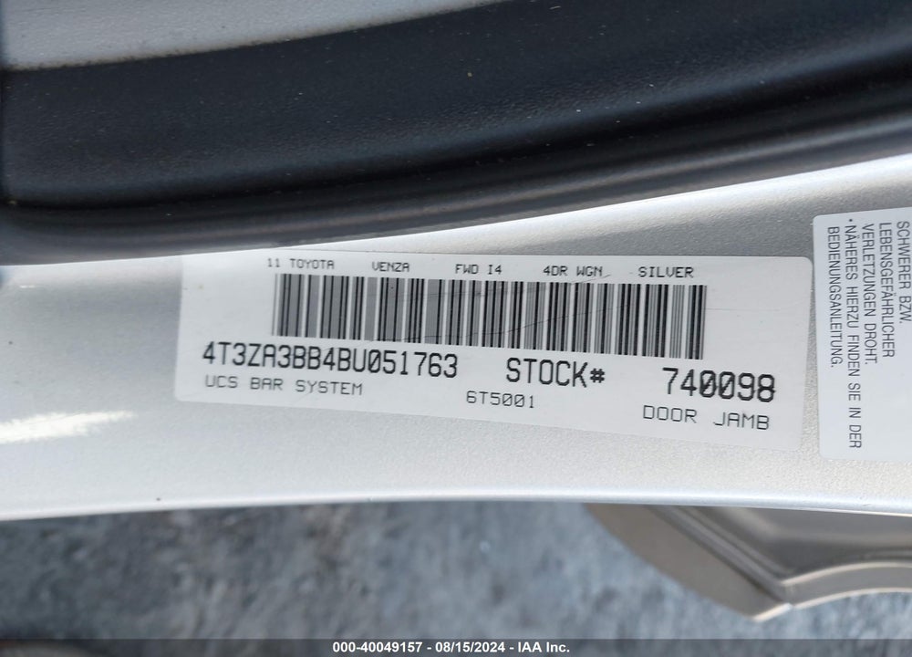 2011 TOYOTA VENZA VIN: 4T3ZA3BB4BU051763