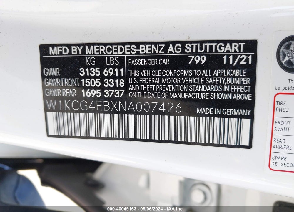 2022 MERCEDES-BENZ EQS 580 4MATIC VIN: W1KCG4EBXNA007426