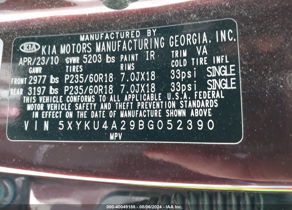 2011 KIA SORENTO EX V6 VIN: 5XYKU4A29BG052390