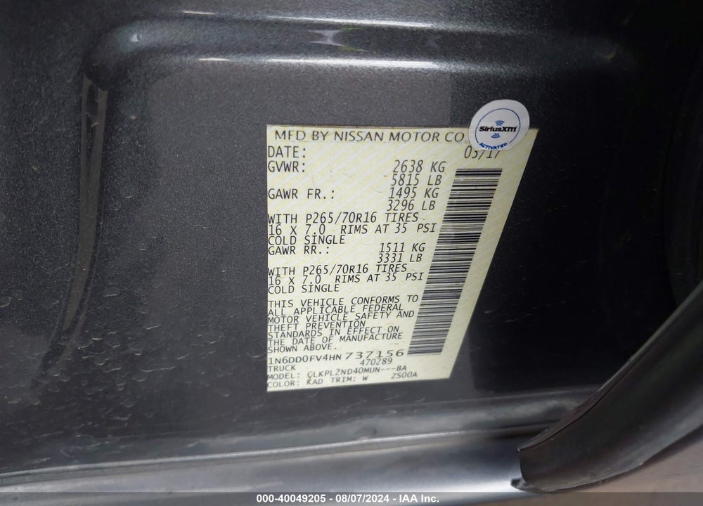 2017 NISSAN FRONTIER SV VIN: 1N6DD0FV4HN737156
