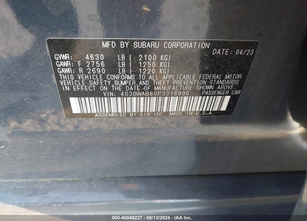 2023 SUBARU LEGACY VIN: 4S3BWAB60P3016996
