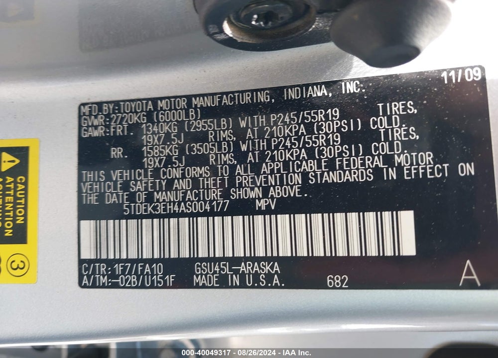 2010 TOYOTA HIGHLANDER SPORT V6 VIN: 5TDEK3EH4AS004177