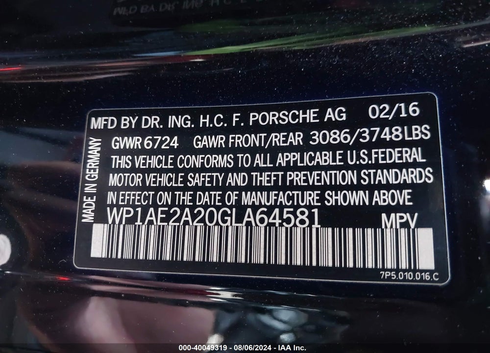 2016 PORSCHE CAYENNE E-HYBRID S VIN: WP1AE2A20GLA64581