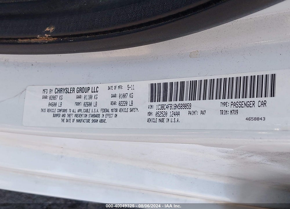 2011 CHRYSLER 200 LX VIN: 1C3BC4FB1BN589859