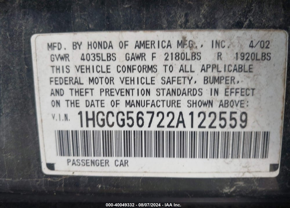 2002 HONDA ACCORD 2.3 SE VIN: 1HGCG56722A122559