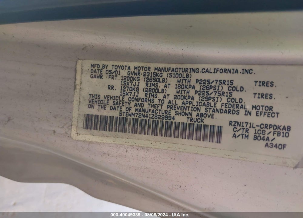 2001 TOYOTA TACOMA VIN: 5TEWM72N41Z829994