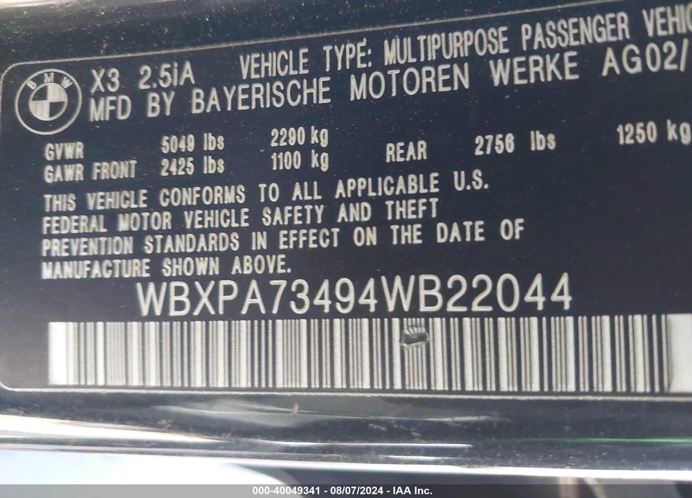 2004 BMW X3 2.5I VIN: WBXPA73494WB22044