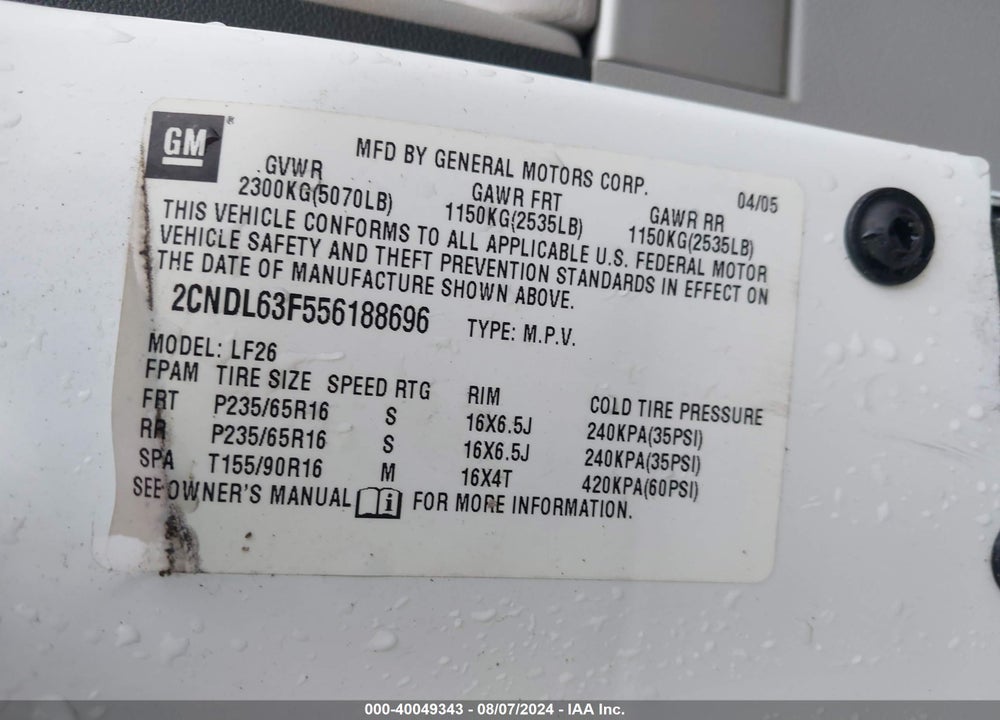 2005 CHEVROLET EQUINOX LT VIN: 2CNDL63F556188696