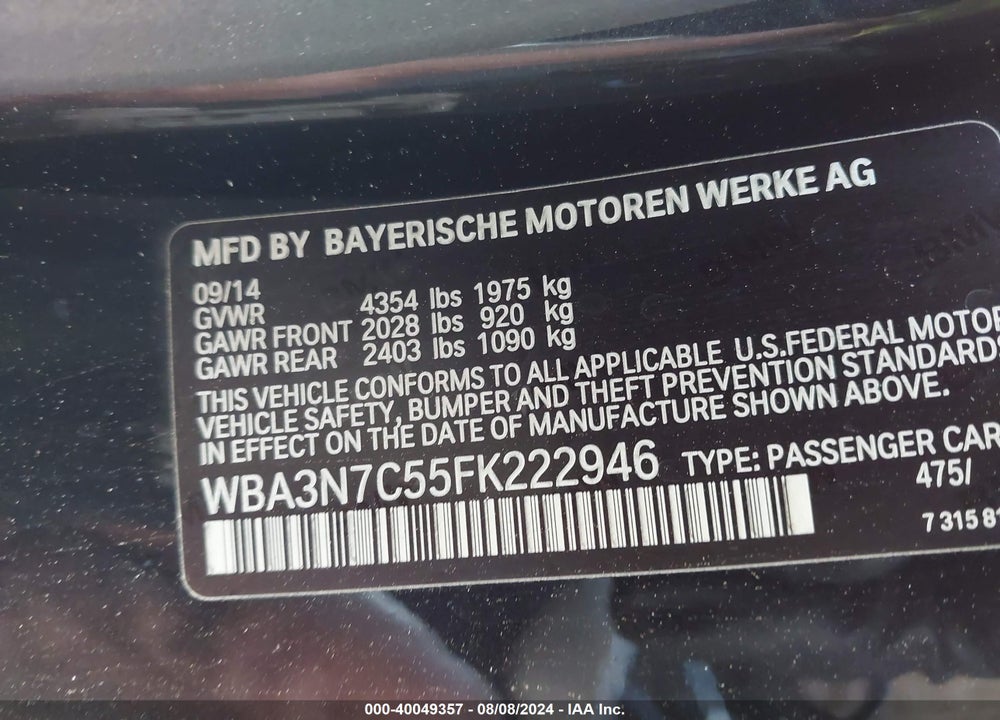 2015 BMW 428I VIN: WBA3N7C55FK222946