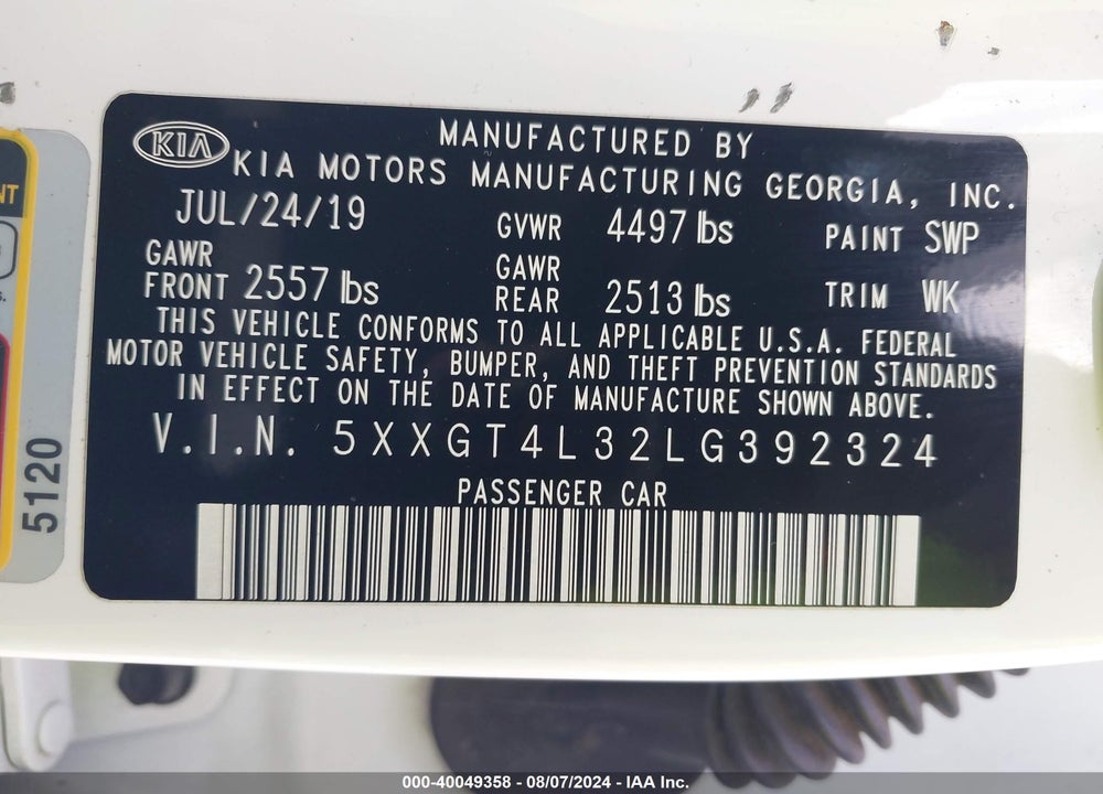 2020 KIA OPTIMA LX VIN: 5XXGT4L32LG392324