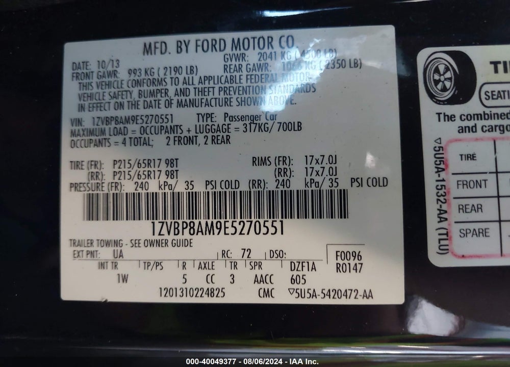 2014 FORD MUSTANG V6 VIN: 1ZVBP8AM9E5270551