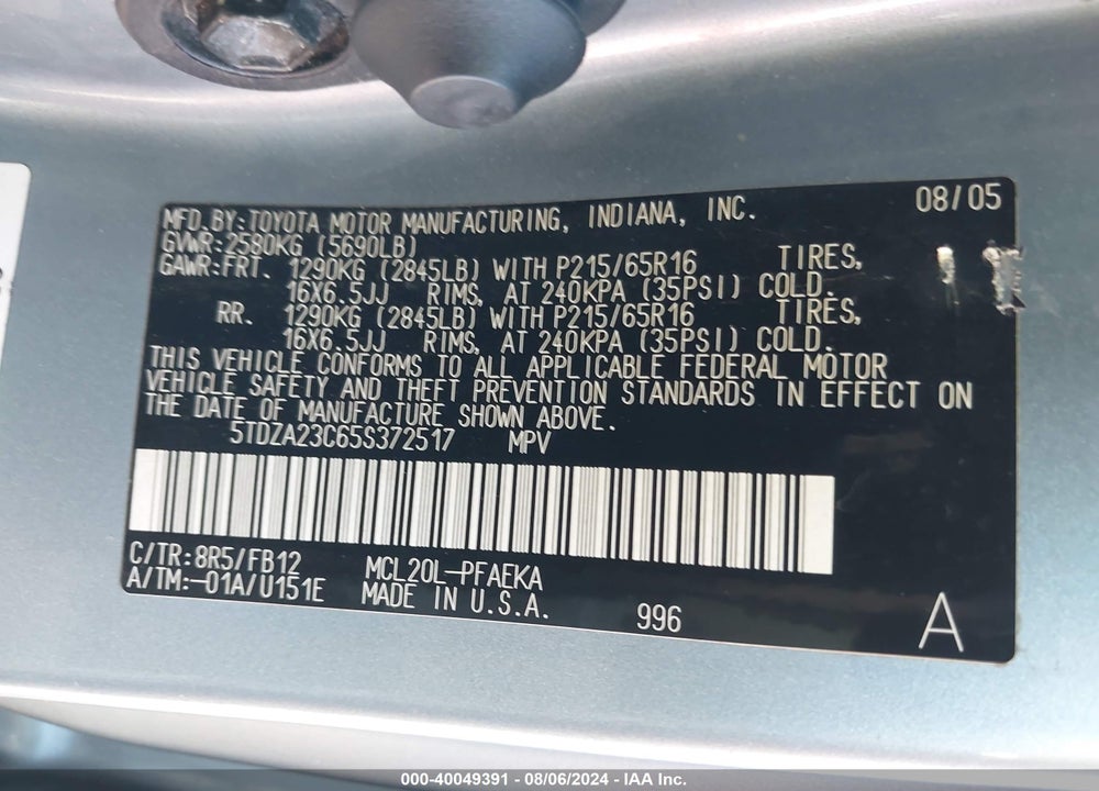 2005 TOYOTA SIENNA LE VIN: 5TDZA23C65S372517