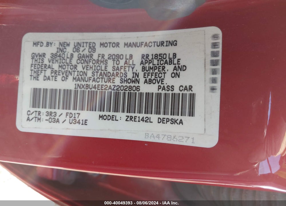 2010 TOYOTA COROLLA S VIN: 1NXBU4EE2AZ202806