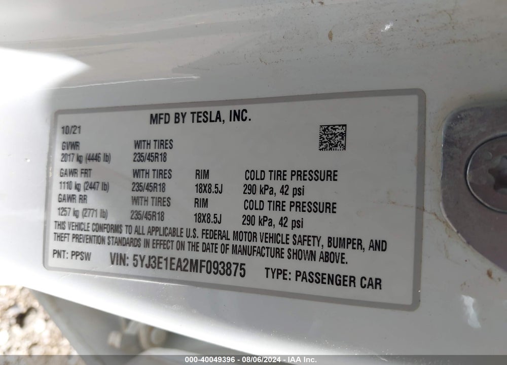 2021 TESLA MODEL 3 STANDARD RANGE PLUS REAR-WHEEL DRIVE VIN: 5YJ3E1EA2MF093875