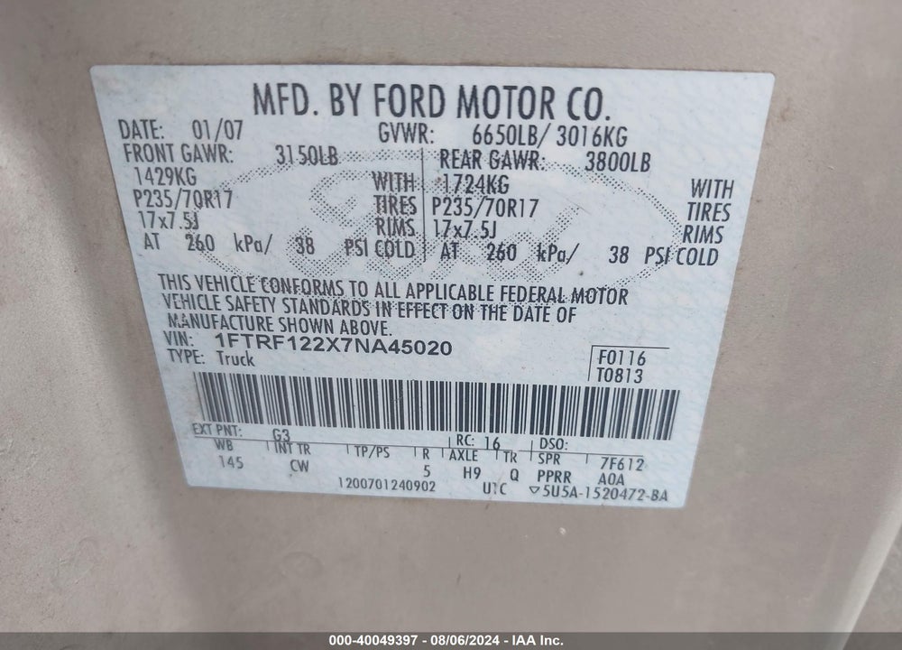 2007 FORD F-150 STX/XL/XLT VIN: 1FTRF122X7NA45020