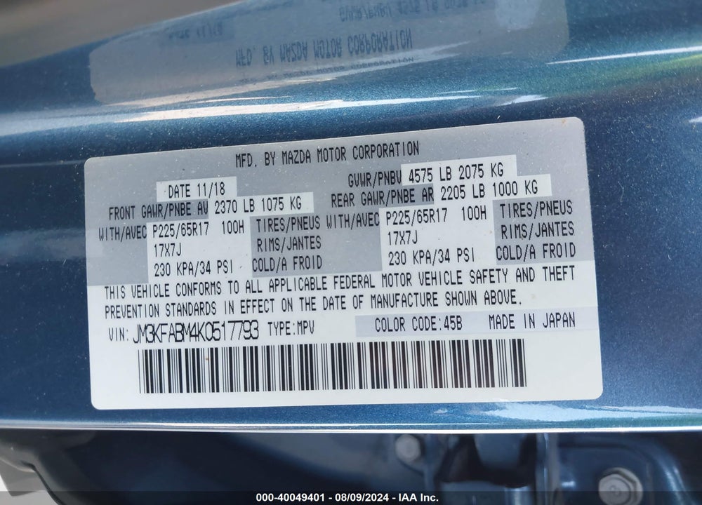 2019 MAZDA CX-5 SPORT VIN: JM3KFABM4K0517793