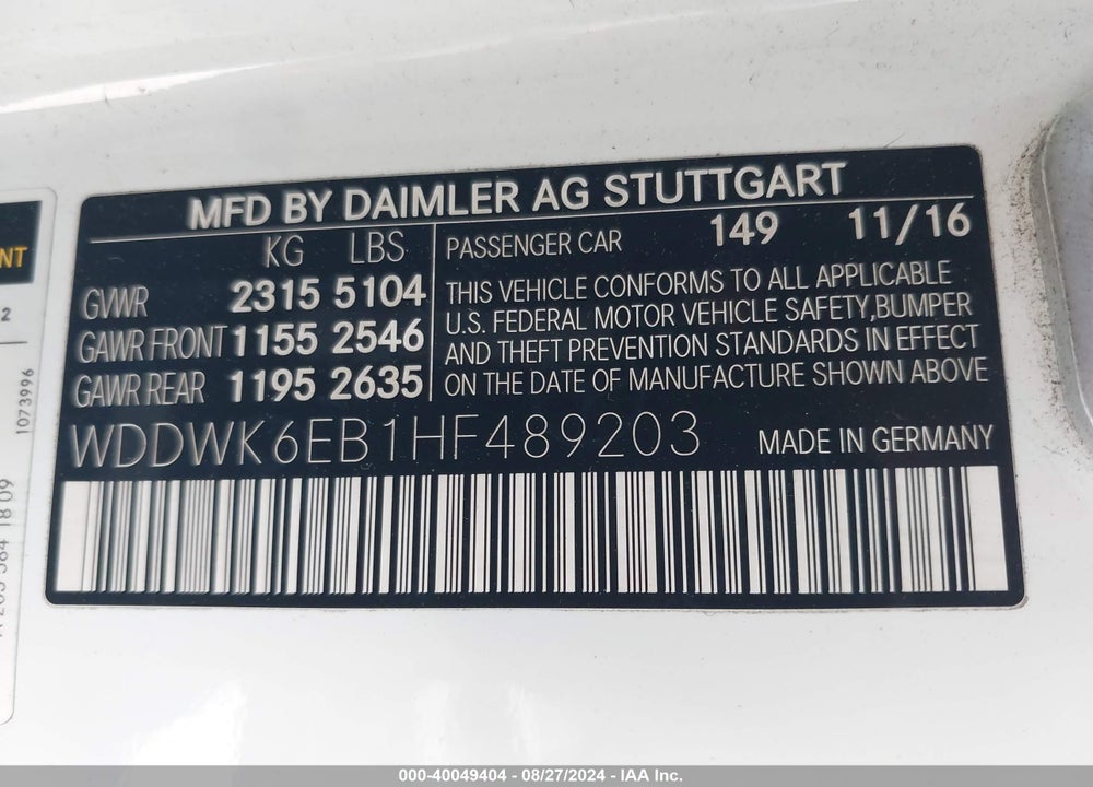 2017 MERCEDES-BENZ AMG C 43 4MATIC VIN: WDDWK6EB1HF489203