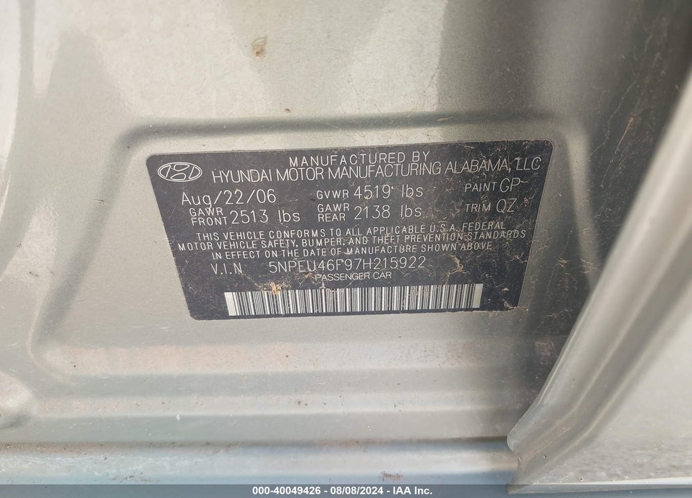2007 HYUNDAI SONATA VIN: 5NPEU46F97H215922