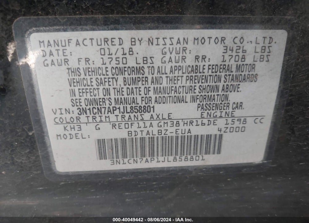 2018 NISSAN VERSA 1.6 SV VIN: 3N1CN7AP1JL858801