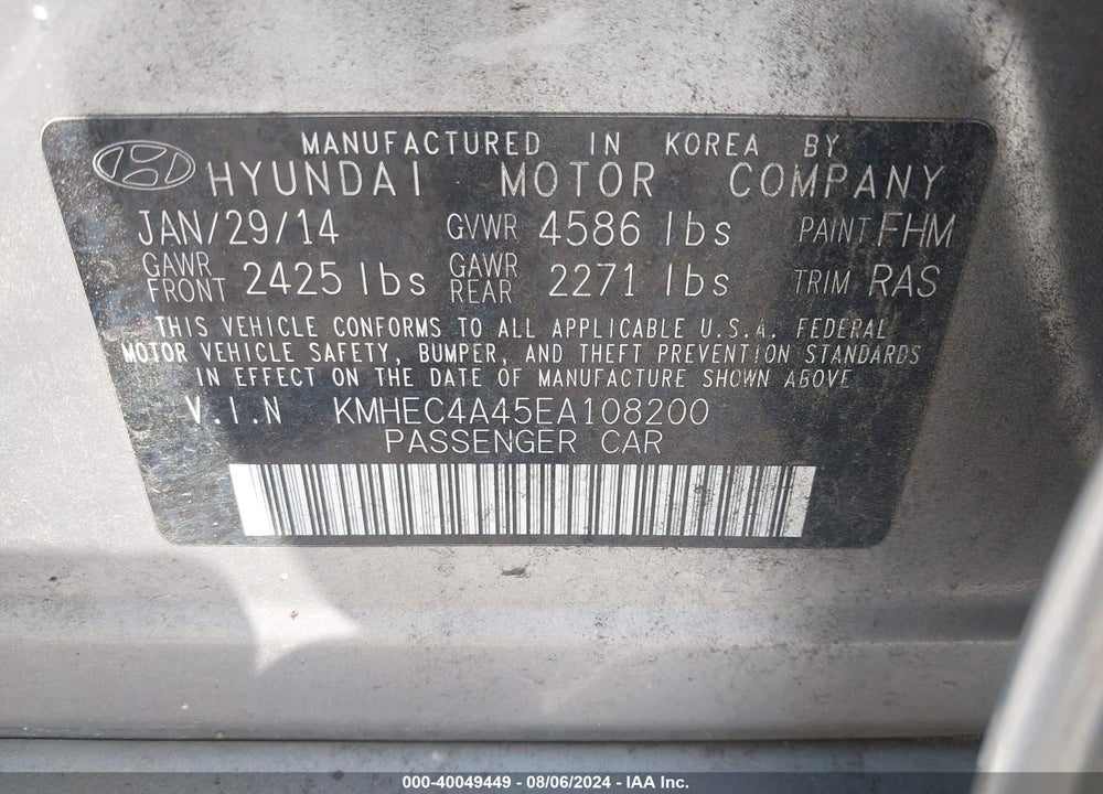 2014 HYUNDAI SONATA HYBRID VIN: KMHEC4A45EA108200