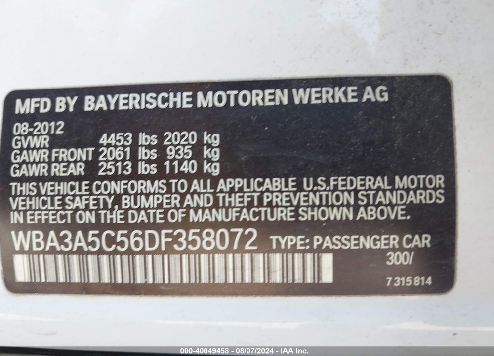 2013 BMW 328I VIN: WBA3A5C56DF358072
