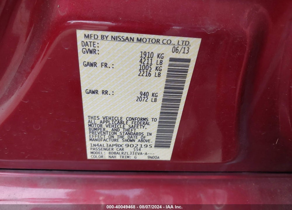 2013 NISSAN ALTIMA 2.5 S VIN: 1N4AL3AP9DC902195
