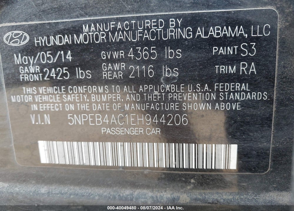 2014 HYUNDAI SONATA GLS VIN: 5NPEB4AC1EH944206