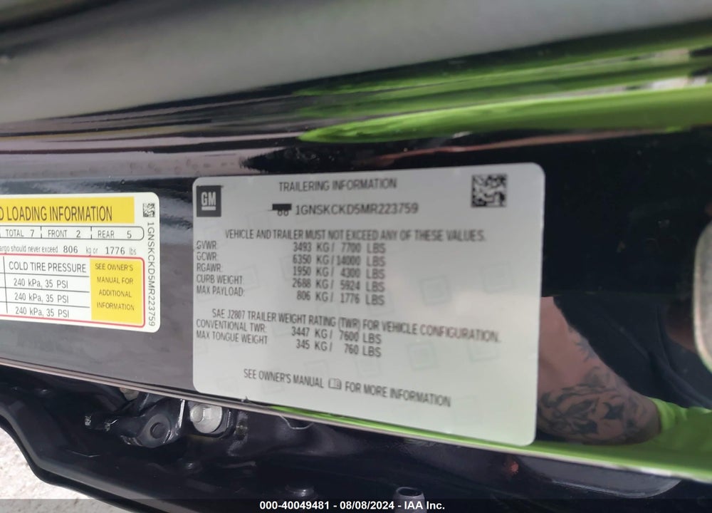 2021 CHEVROLET SUBURBAN 4WD LT VIN: 1GNSKCKD5MR223759