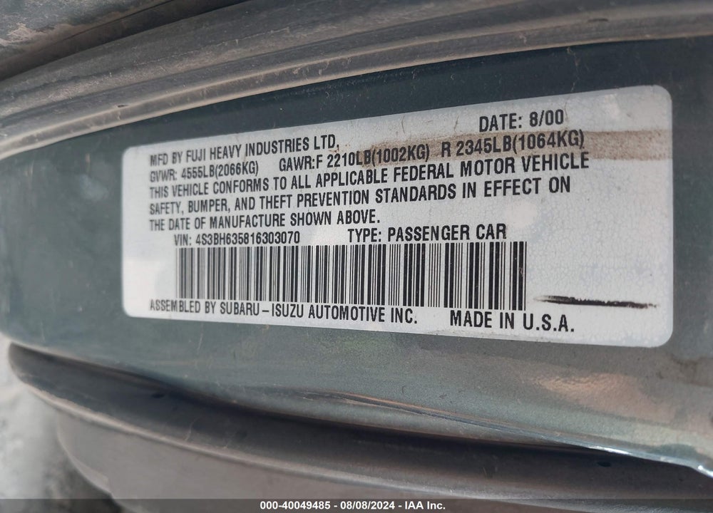 2001 SUBARU LEGACY L VIN: 4S3BH635816303070