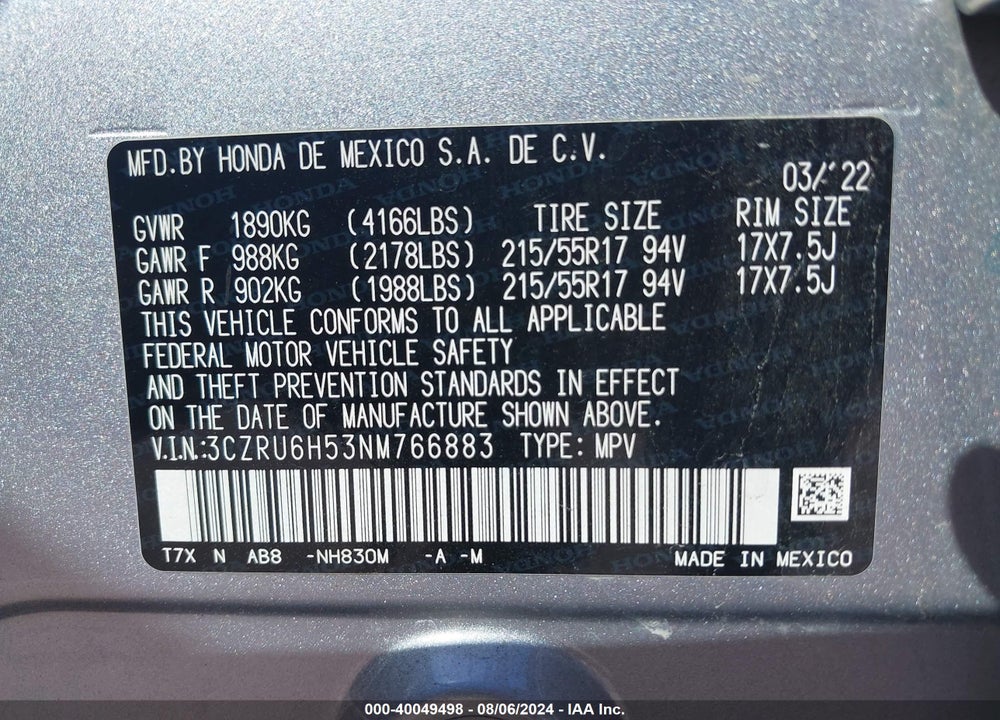2022 HONDA HR-V VIN: 3CZRU6H53NM766883