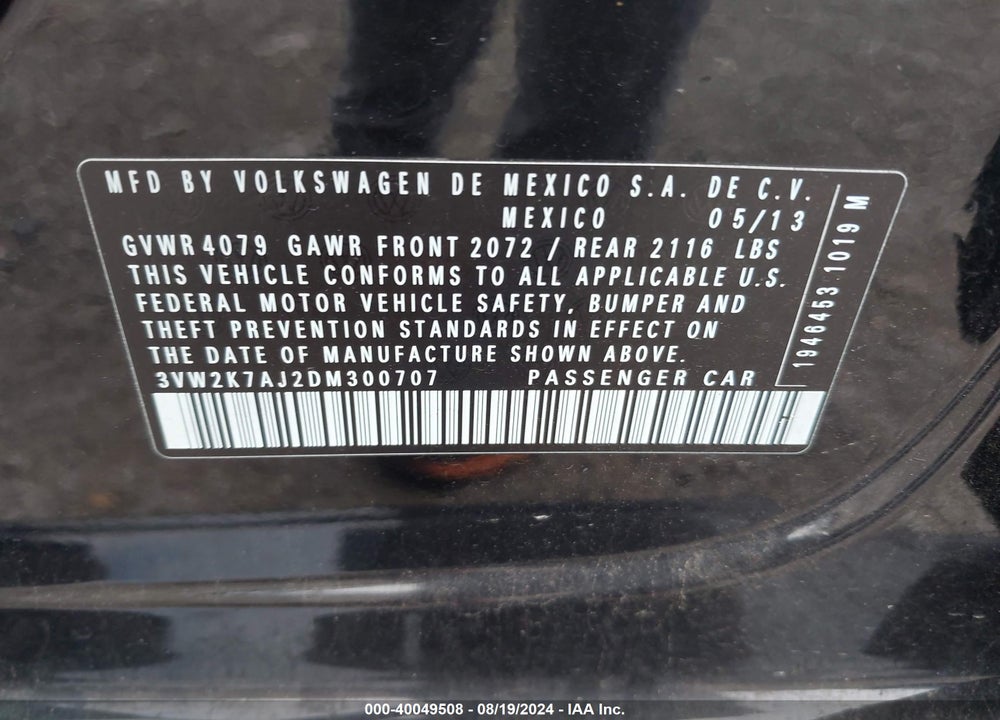 2013 VOLKSWAGEN JETTA 2.0L S VIN: 3VW2K7AJ2DM300707