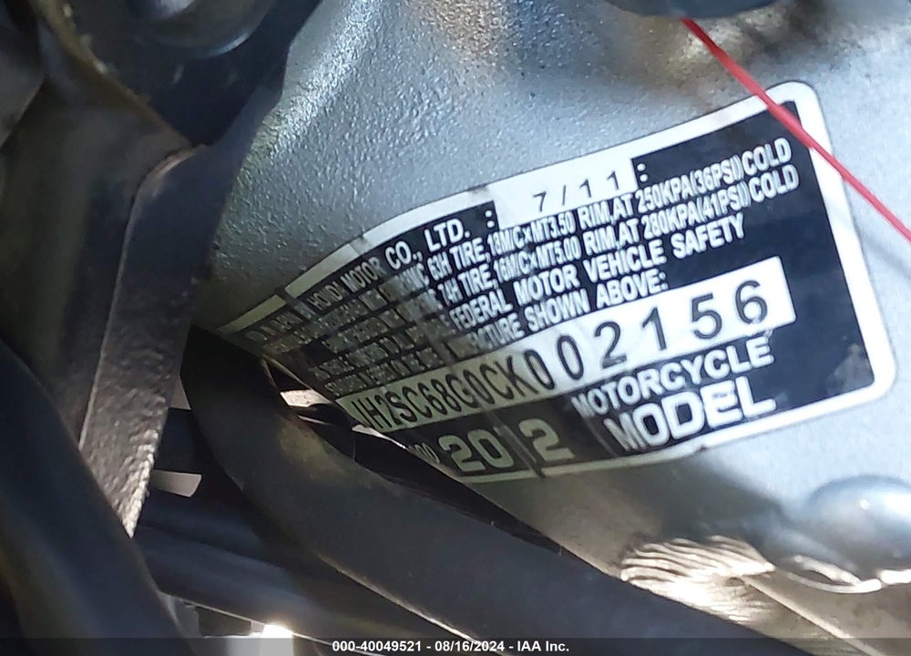 2012 HONDA GL1800 VIN: JH2SC68G0CK002156