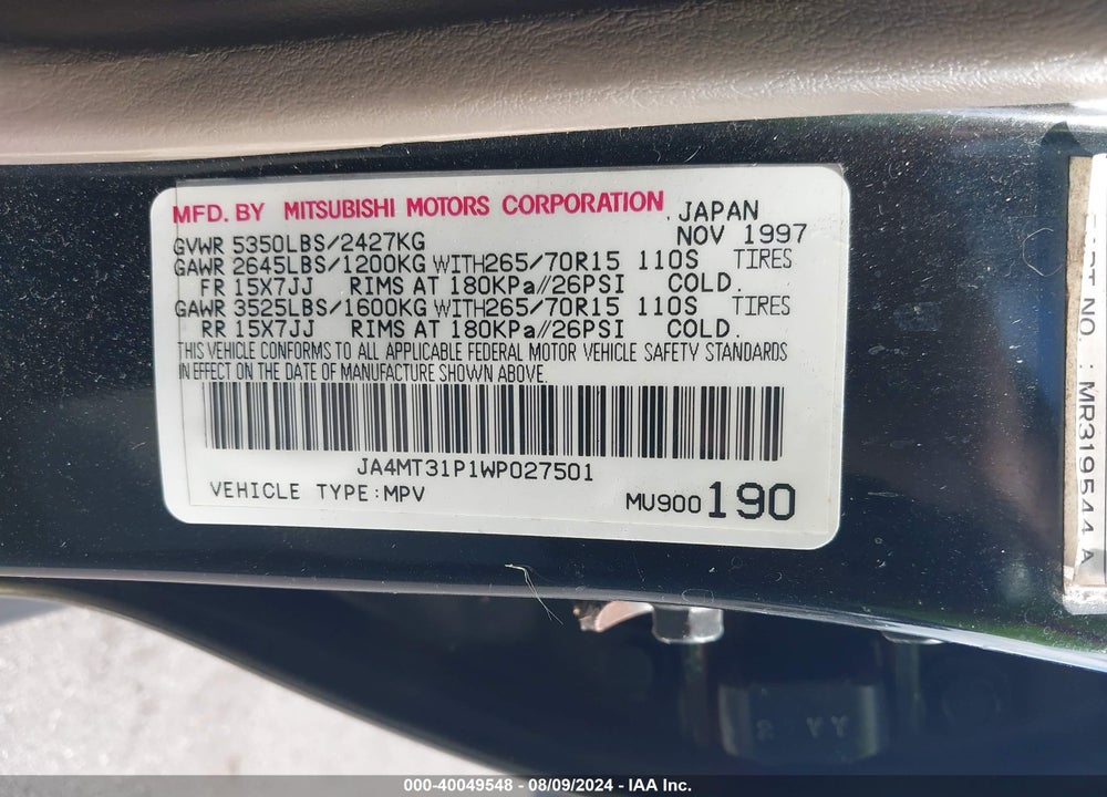 1998 MITSUBISHI MONTERO SPORT VIN: JA4MT31P1WP027501