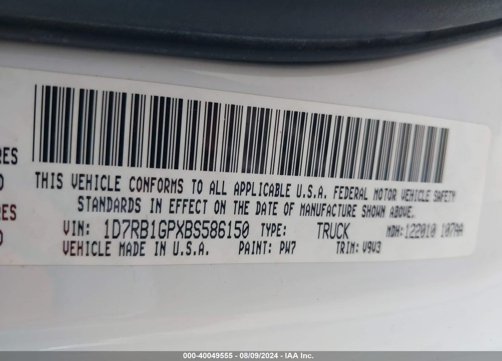 2011 RAM 1500 SLT VIN: 1D7RB1GPXBS586150
