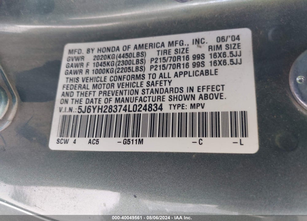 2004 HONDA ELEMENT VIN: 5J6YH28374L024834